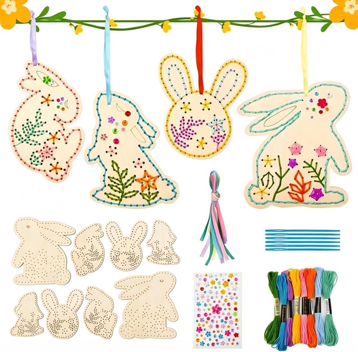 10 stuks haas om te knutselen, 4 stijlen Pasen kruissteek knutselset van hout, paasdecoratie zelf knutselen, paasborduursets voor kinderen, paascadeaus voor kin