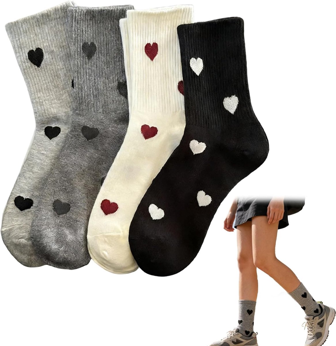 Sokken - Set van 4, Maat 36-42, Katoen, Grappige Sokken in Wit en Zwart met Hart en Knuffel Motief, Tennis Sokken, Sportsokken als Geschenken voor Valentijnsdag