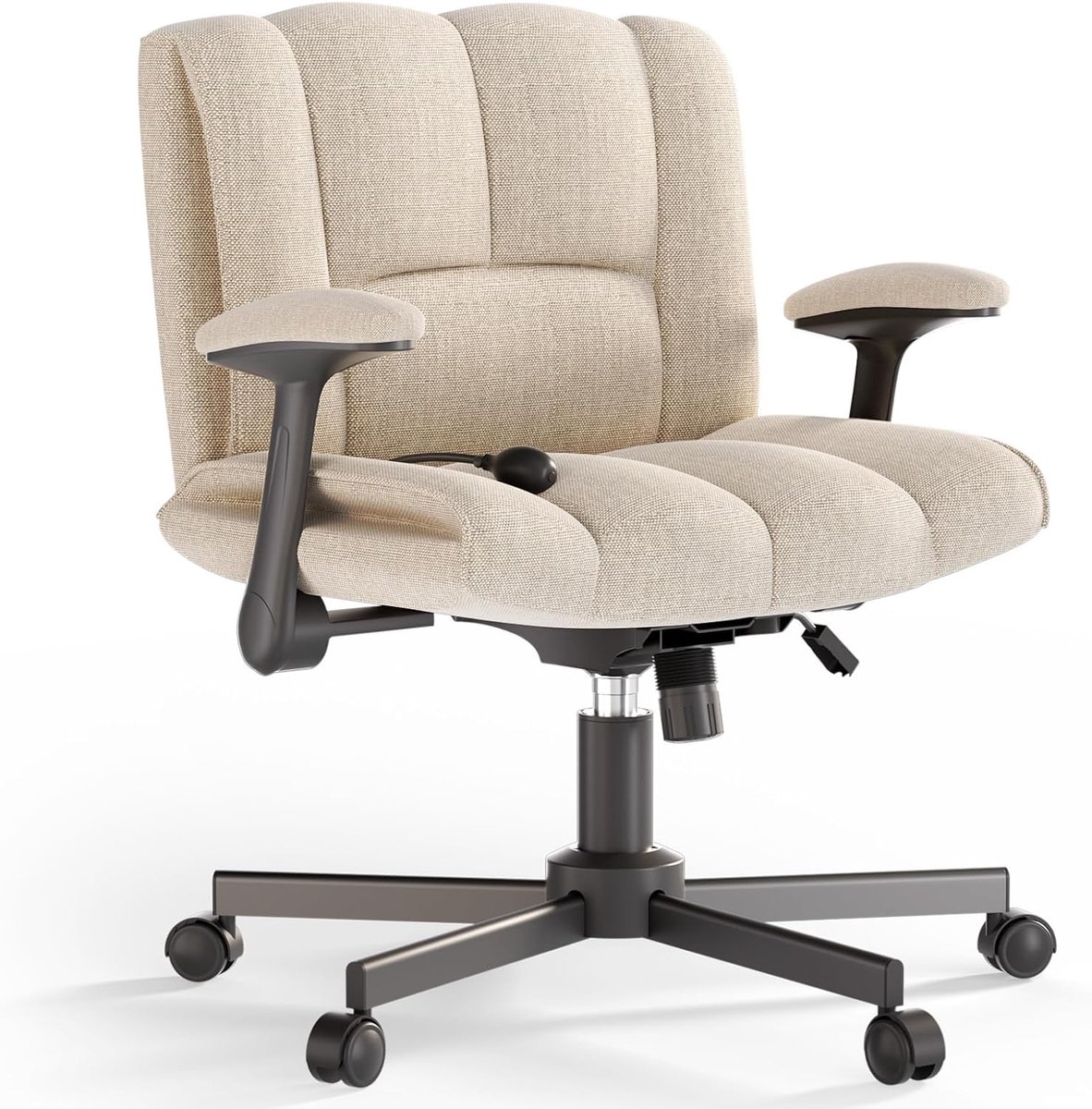 Verstelbare Criss Cross stoel met armleuningen, ergonomische draaistoel, comfortabele bureaustoel, ideaal voor thuiskantoor, kaptafelstoel, in hoogte verstelbaar, draaistoel (beige)