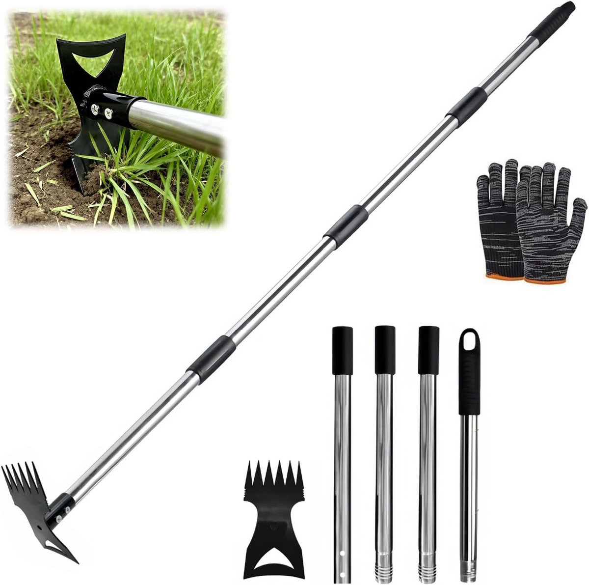 2-in-1 onkruidverdelger met steel, 148 cm, onkruidhark en hak, van mangaanstaal, staande handmatige onkruidtrekker, tuingereedschap, weeder tool voor gazon, bed, tuin