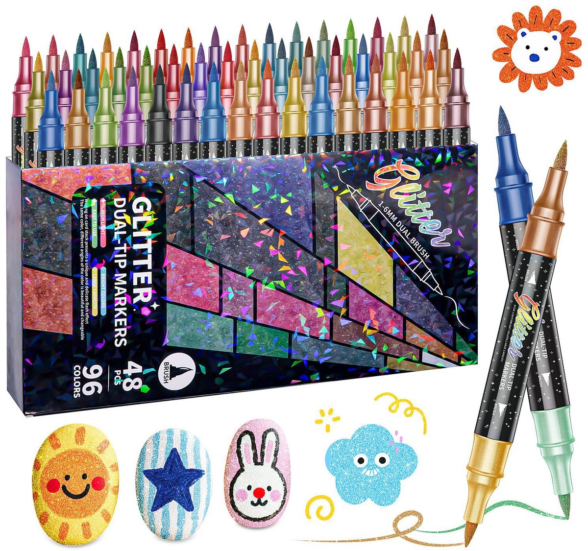 Glitterstiften met twee uiteinden en twee kleuren, sneldrogend, geschikt om mee te tekenen/knutselen, te gebruiken op steen, glas, hout, stof en paaseieren,48 stuks (96 kleuren)