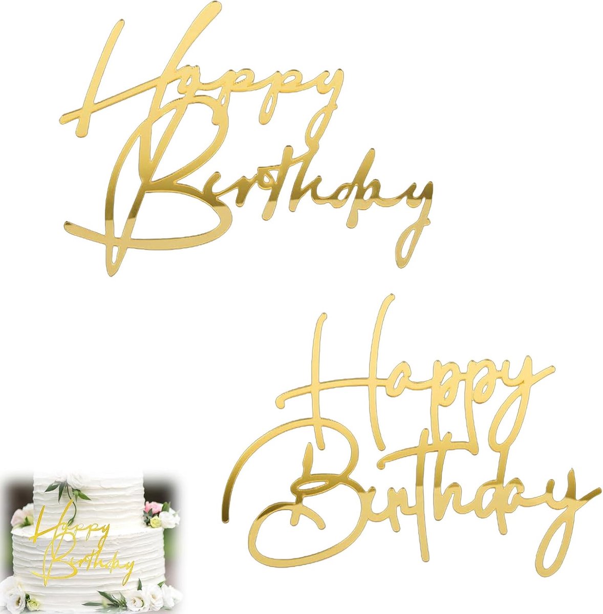 4 stuks Happy Birthday taartdecoratie, glitter taartdecoratie, toppers, goud, acryl, taartdecoratie, Happy Birthday, taarttopper, verjaardag, feest, taartdesserts, uniseks