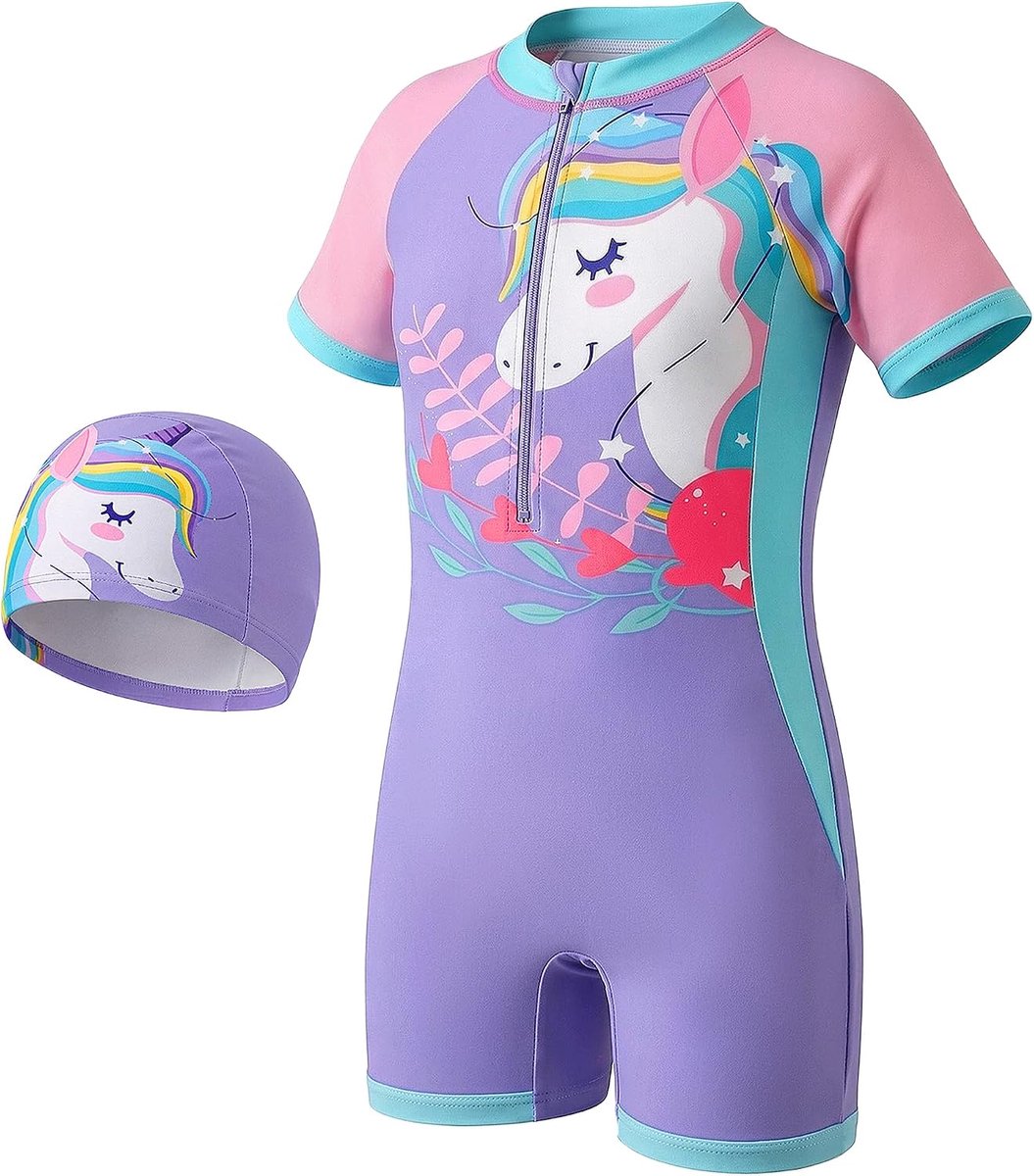 Zwempak voor Jongens en Meisjes Eendelig Badpak Kinderzwempak met Badmuts Korte Mouw Zwemkleding Sneldrogend Strand Badmode voor Kinderen 4-10 Jaar
