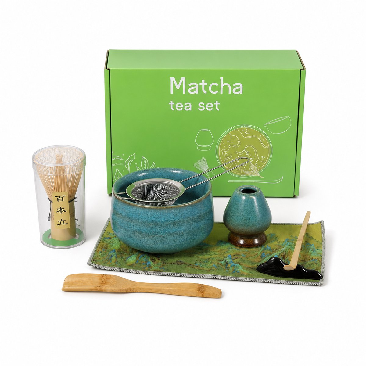 Oraymin Matcha Theeset - 8-delig met Kom, Bamboe Garde, Zeef en Theemat - Turquoise