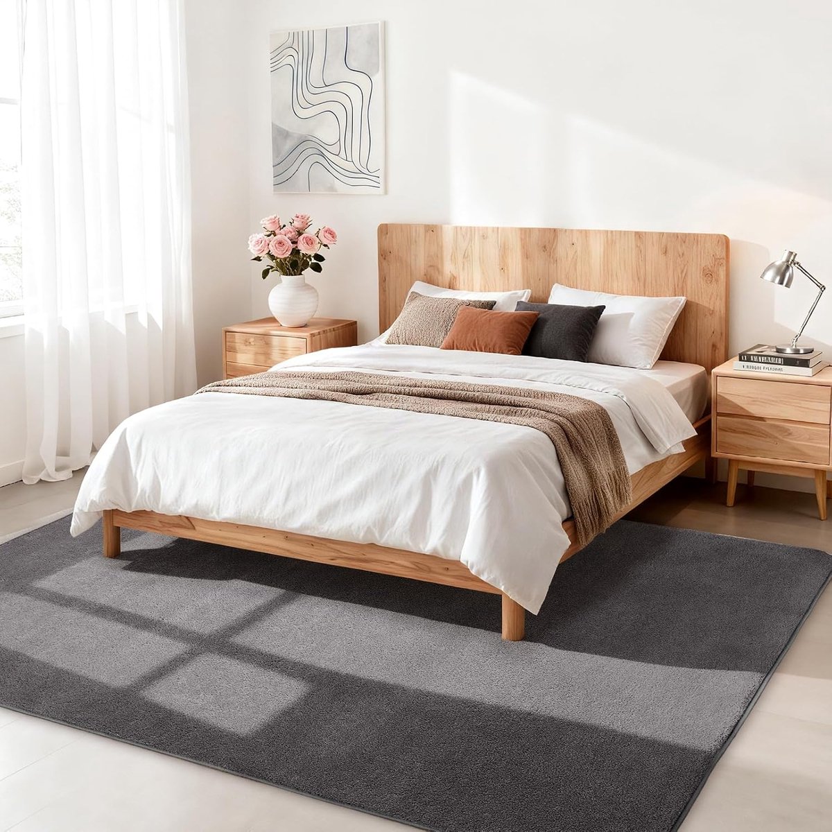 Tapijt, laagpolig tapijt, woonkamerdecoratie, wollig, zacht, wasbaar en antislip, modern, eenkleurig tapijt voor slaapkamer, kinderkamer, bedmat, 140 x 200 cm, donkergrijs