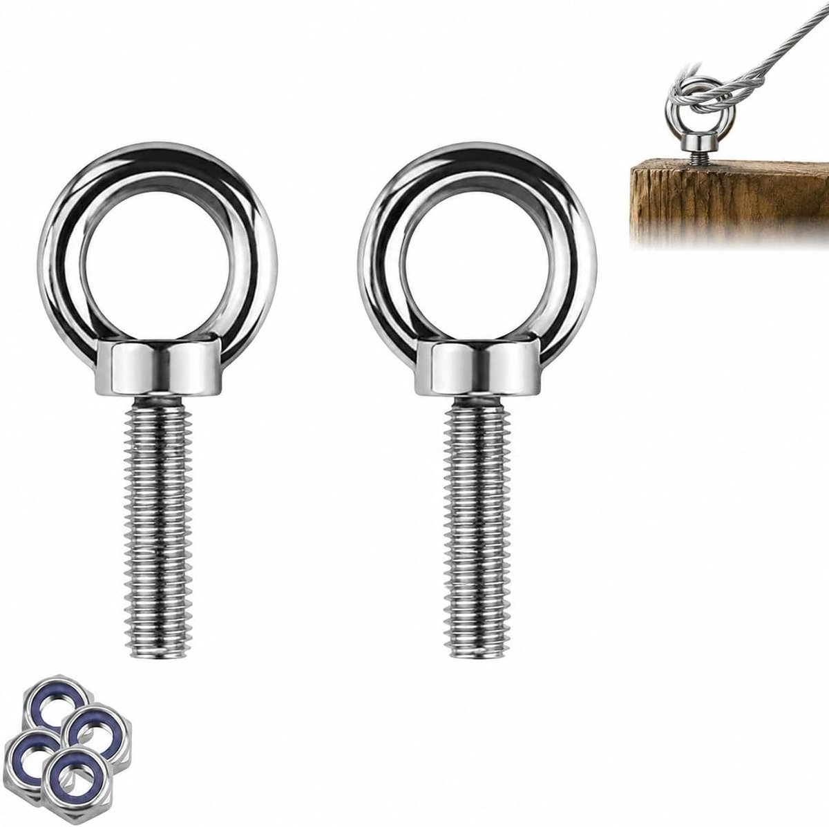 Roestvrij staal schroeven set – 2x M6x35mm oogschroeven met 4 veiligheidsmoeren, hoogwaardige 304 RVS, corrosiebestendig, voor ophanging, lichtgewicht hijstoepassingen