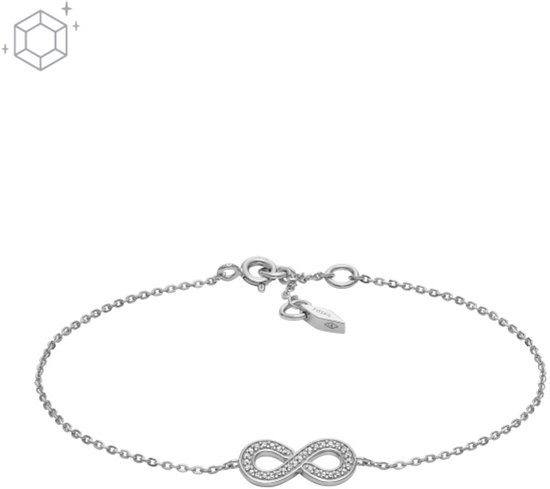 Zilverkleurige armband met een infinity symbool bezet met steentjes.