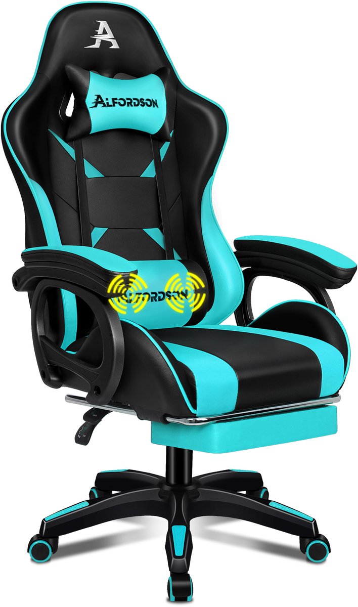 ALFORDSON Gaming Stoel, Gaming Fauteuil met Masserende Lendensteun, Ergonomische Gamer Stoel met Hoofdsteun, Hoogteverstelbaar, PU-Leder, Zwart
