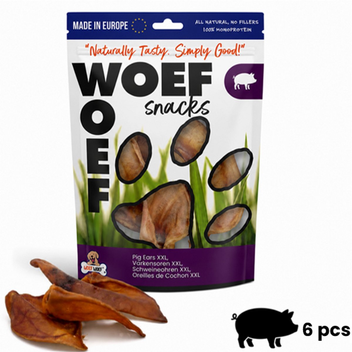 Woef Woef Snacks Hondensnacks Varkensoren XXL 6 stuks - Kauwsnacks - Gedroogd vlees - Varken - Alle honden vanaf 10kg - Geen toevoegingen