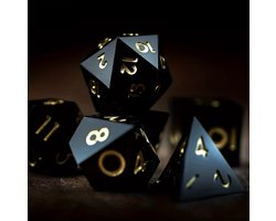 Joya Dice® Polydice Dobbelsteen Set geschikt voor rollenspellen zoals Dungeons and Dragons D&D DnD | Dobbelstenen Set | Dice Set | Resin Dice 7 Stuks Set | Diep Zwart met Gouden Cijfers | High Contrast Dice | Obsidian Gold