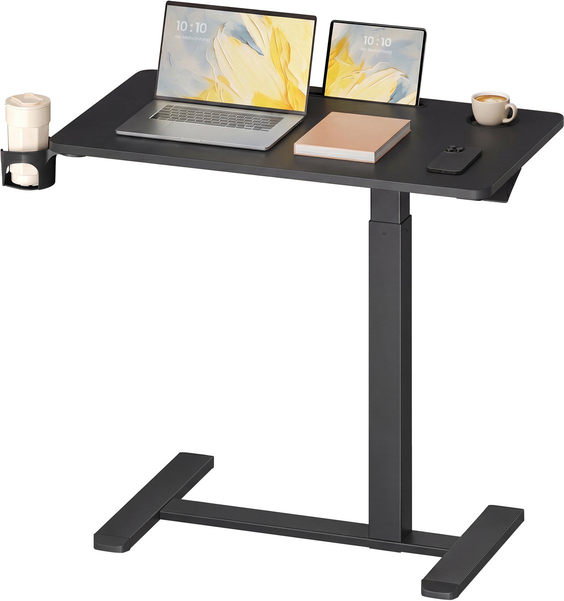 Bijzettafel - Mobiel met Wielen en Bekerhouders - Zwart - 80 x 45 x (65-102) cm