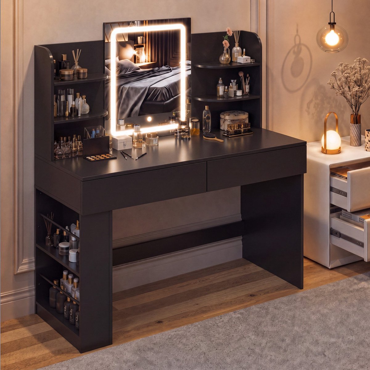 Devoko Kaptafel met LED-spiegel en 3 Lichtkleuren – Make-uptafel met Verborgen Sieradenopberging en Kruk – 110 × 40 × 135 cm – Zwart