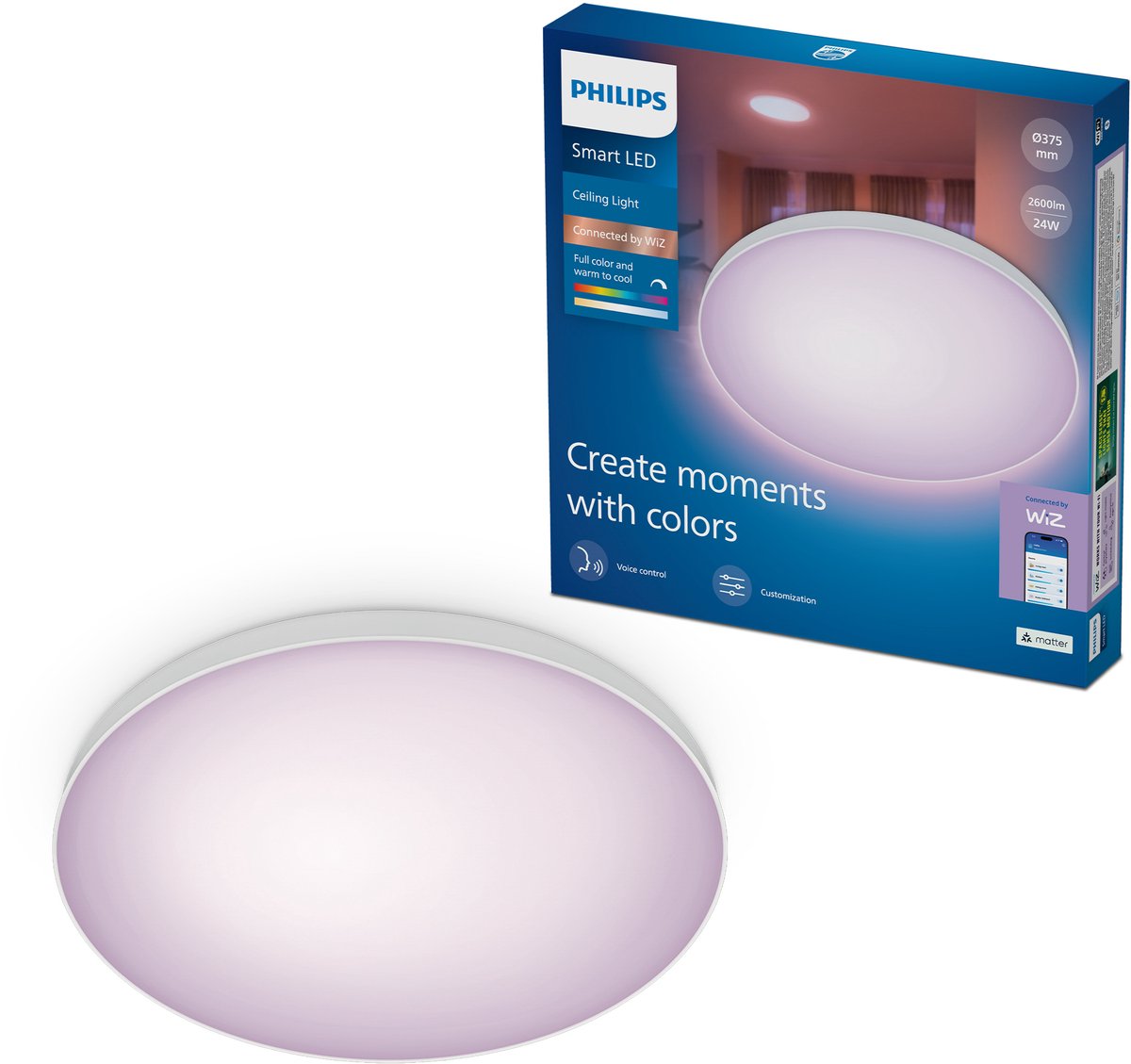 Philips Smart Lighting - plafondlamp - rgb - gekleurd en instelbaar wit licht - dimbaar - diameter: 37,5cm - wit - 24w - rond - werkt met de wiz app - wifi
