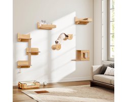 COSTWAY 6 stuks klimwand katten, krabpaal met platforms, bak, kattenhuis, hangmat, 2 krabpalen & bal, kattenboom, muur, kattentrap, klimboom, hout, kattenmeubel, natuur