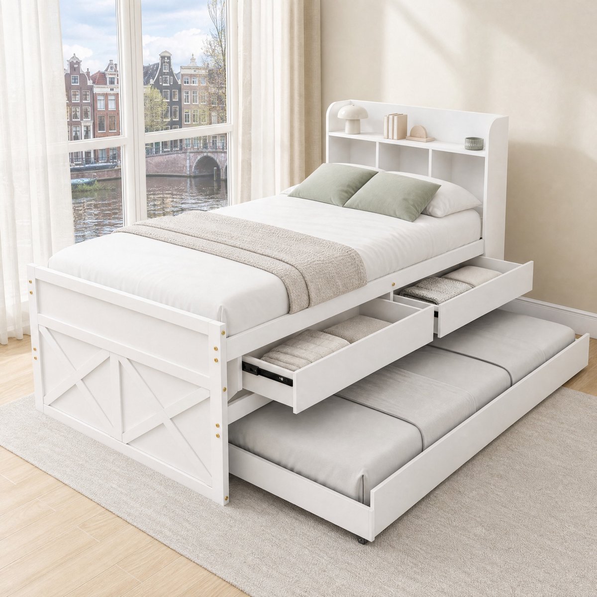 WUVRIE Eenpersoonsbed 90x190 cm met uitschuifbed, 2 lades, nachtkastje met USB en lattenbodem, wit