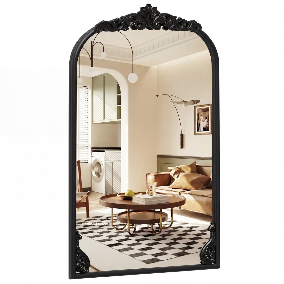Costway Barokspiegel, Boogvormige Wandspiegel met Metalen Lijst, Antieke Boogspiegel, Decoratieve Spiegel voor Schouw, Woonkamer & Hal (61 x 90 cm, Zwart) Goud