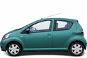 Zij-aanzicht van een smaragdgroene Toyota Aygo met vier deuren en zilveren wieldoppen.