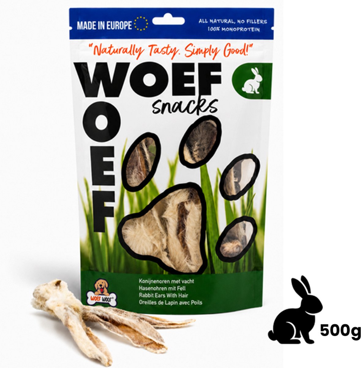 Woef Woef Snacks Hondensnacks Konijnenoren met haar - 0.50 KG - Kauwsnacks - Gedroogd vlees - Konijn - Vanaf 3 maanden - Geen toevoegingen