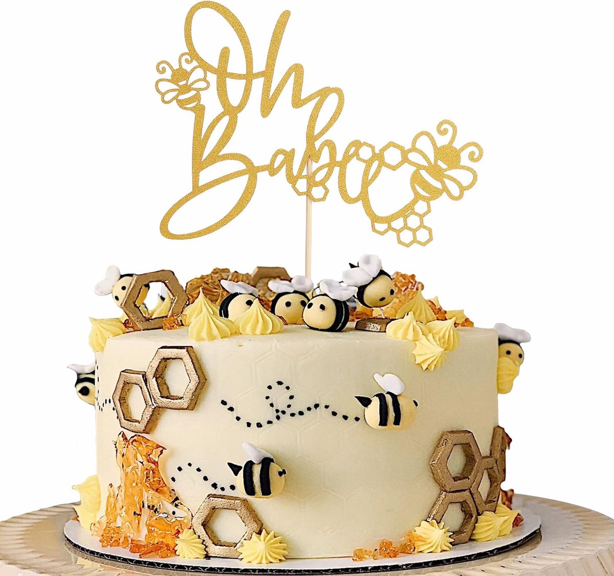 Oh Babee Taarttoppers - Gouden Glitter Bumble Bee Cake Topper voor Baby Shower, Geslacht Onthullen en Verjaardag - Jongen Meisjes Thema