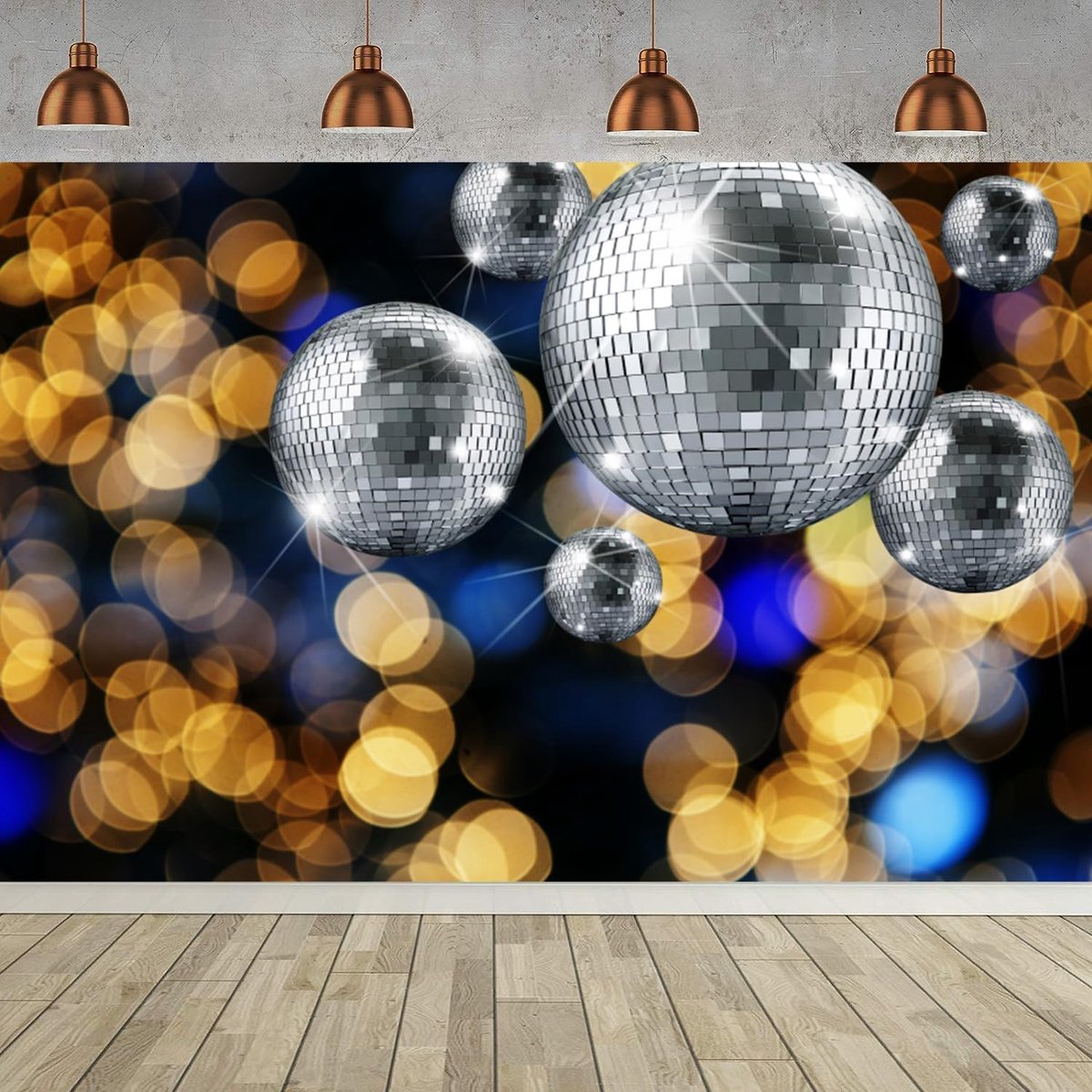 Disco-achtergrond met zilveren discobal, gouden bokeh, neon nachtclub, muziekfotografie, achtergrond uit de jaren 70, 80, 90, familie, volwassenen, disco-thema, verjaardagsfeest, decoratie, banner,