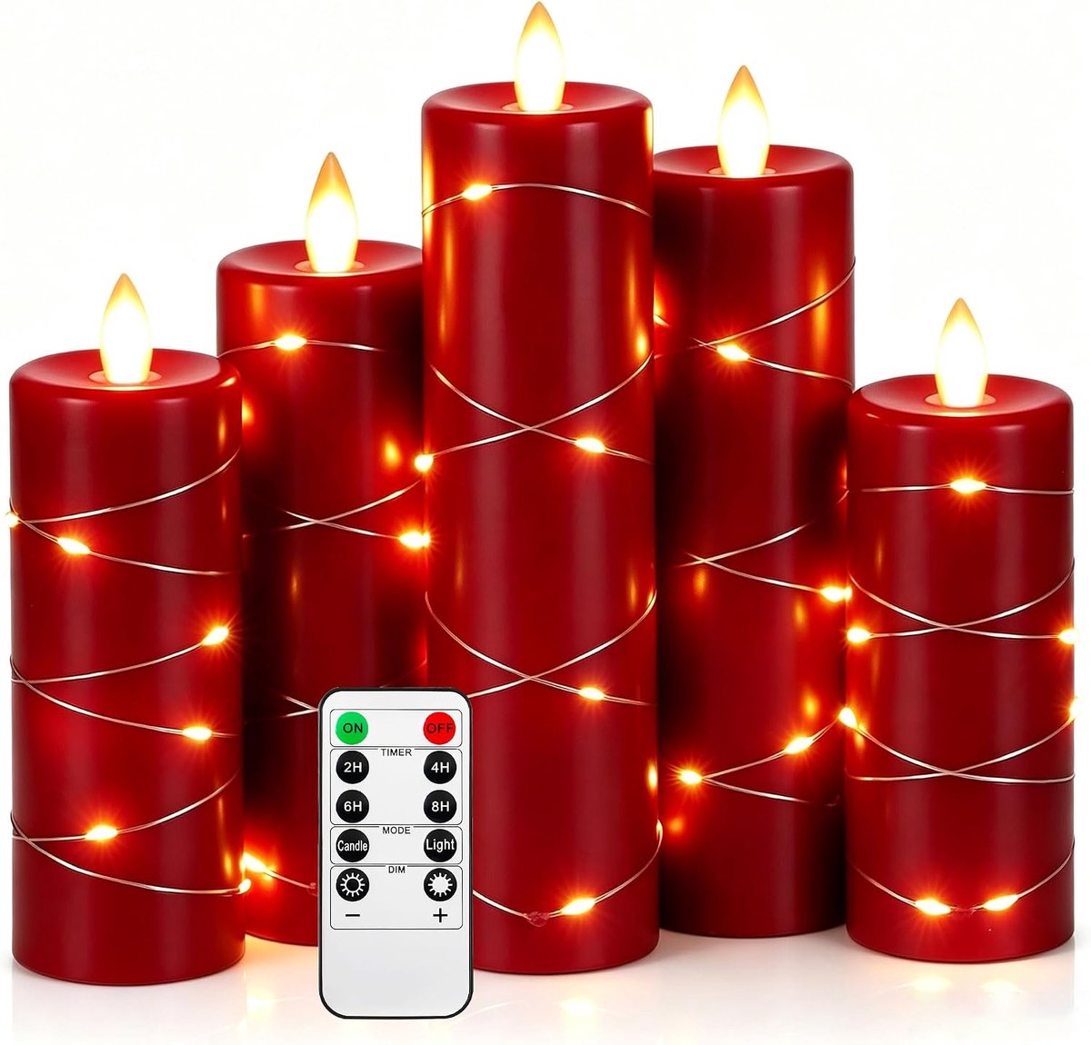 By Vlamloze kaarsen 5-pack Fairy String Lights LED Kaarsen, 360 graden kijkhoek, met sterrenlichtslingers, met 10-toetsen afstandsbediening, 24-uurs timerfunctie, dansende vlam, echte wax (rood
