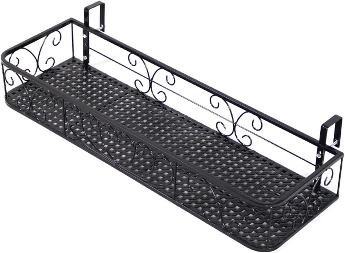 Opknoping Bloemenrek Railing Bloempot Rack, Smeedijzeren Bloemenplank Opknoping Terras Vangrail Plant Pot Rack Eenvoudig te installeren (zwart) (Maat: 60x25x12cm)