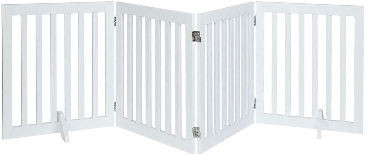 Unipaws 24 "H vrijstaande huisdierenhek voor hondenkat, houten poorten voor deuropening, trappen, overstapbaar opvouwbaar huisdierhek voor het huis, uitbreidbare hondenbarrière, binnengebruik, wit