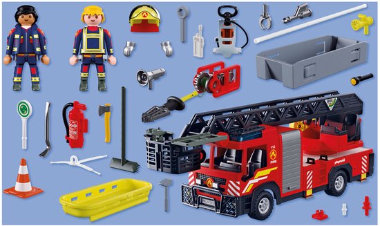 Rode brandweerladderwagen met twee figuren, brancard en diverse accessoires zoals een blusser en gereedschap.