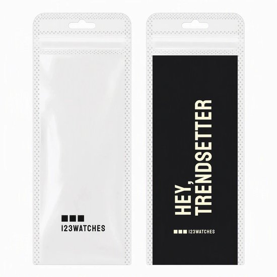Doorzichtige verpakking met 123WATCHES logo en tekst HEY, TRENDSETTER.