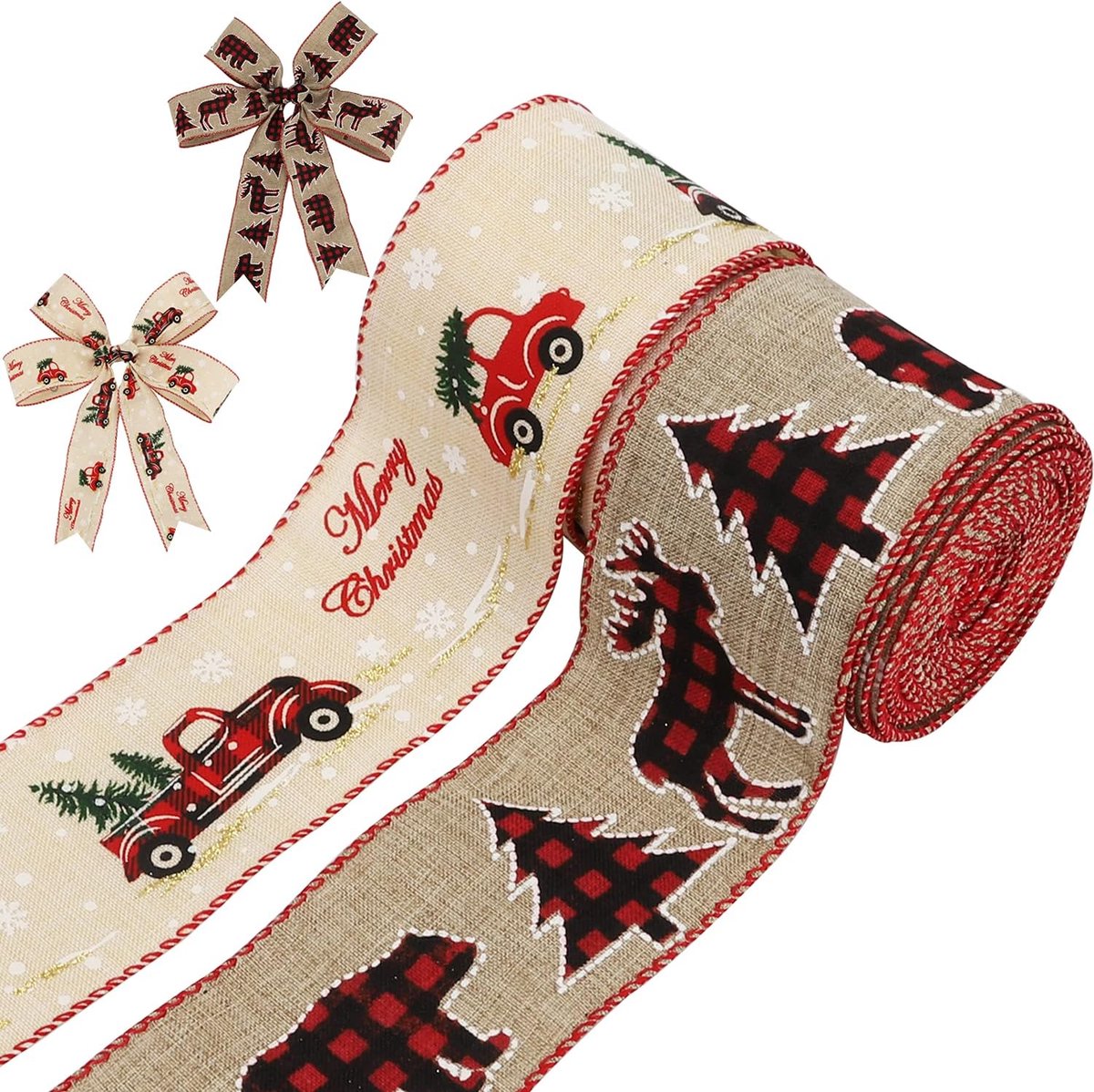 2 rollen 10 yards kerst bedrade linten, 2,5 inch vintage rode vrachtwagen en vrolijke kerstboom, geruite eland beer en bomen bedrade rand linten voor Xmas Gift Wrapping, DIY Crafts, krans
