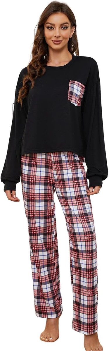 Pajama Set Loose Plaid Long Sleeve Pajamas, Soft And Comfortable Bedroom Pajamas Loungewear, Travel Pajamas-A-Xl