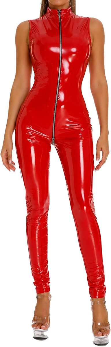Overall voor dames, wetlook, mouwloos, met ritssluiting