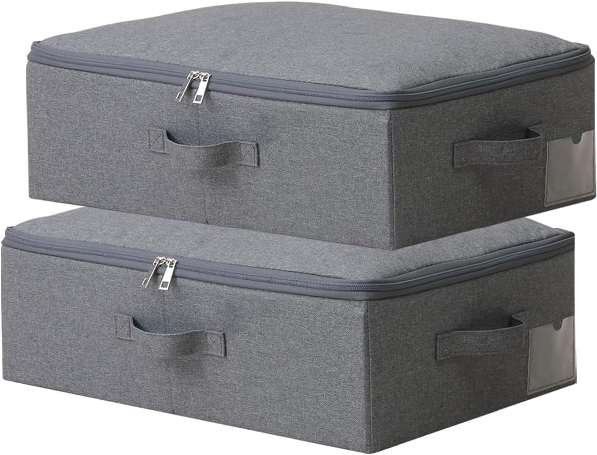Set van 2, 52 x 36 x 16 cm, dunne opvouwbare opslagcontainers met zacht ritsdeksel, stofdicht en wasbare organizerbakken voor planken met verschillende afmetingen, kast, kledingkast, zwart/grijs