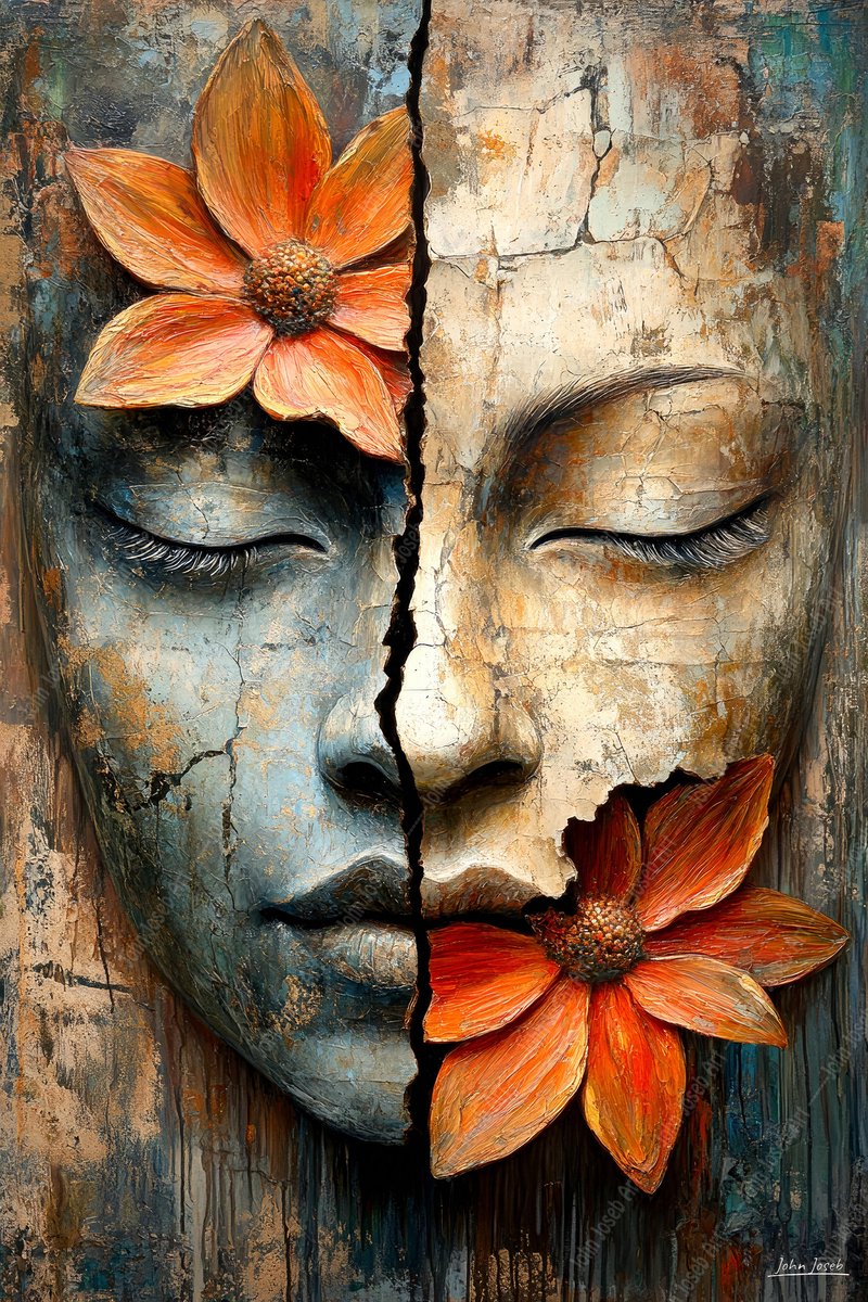 John Joseb Art (Aluminium) 40x60 | Vrouw, gezicht met bloemen, gebroken, gecraqueleerd, abstract, grunge stijl, portret, kunst | mens, rood, goud, blauw, modern | foto-schilderij op dibond, metaal wanddecoratie