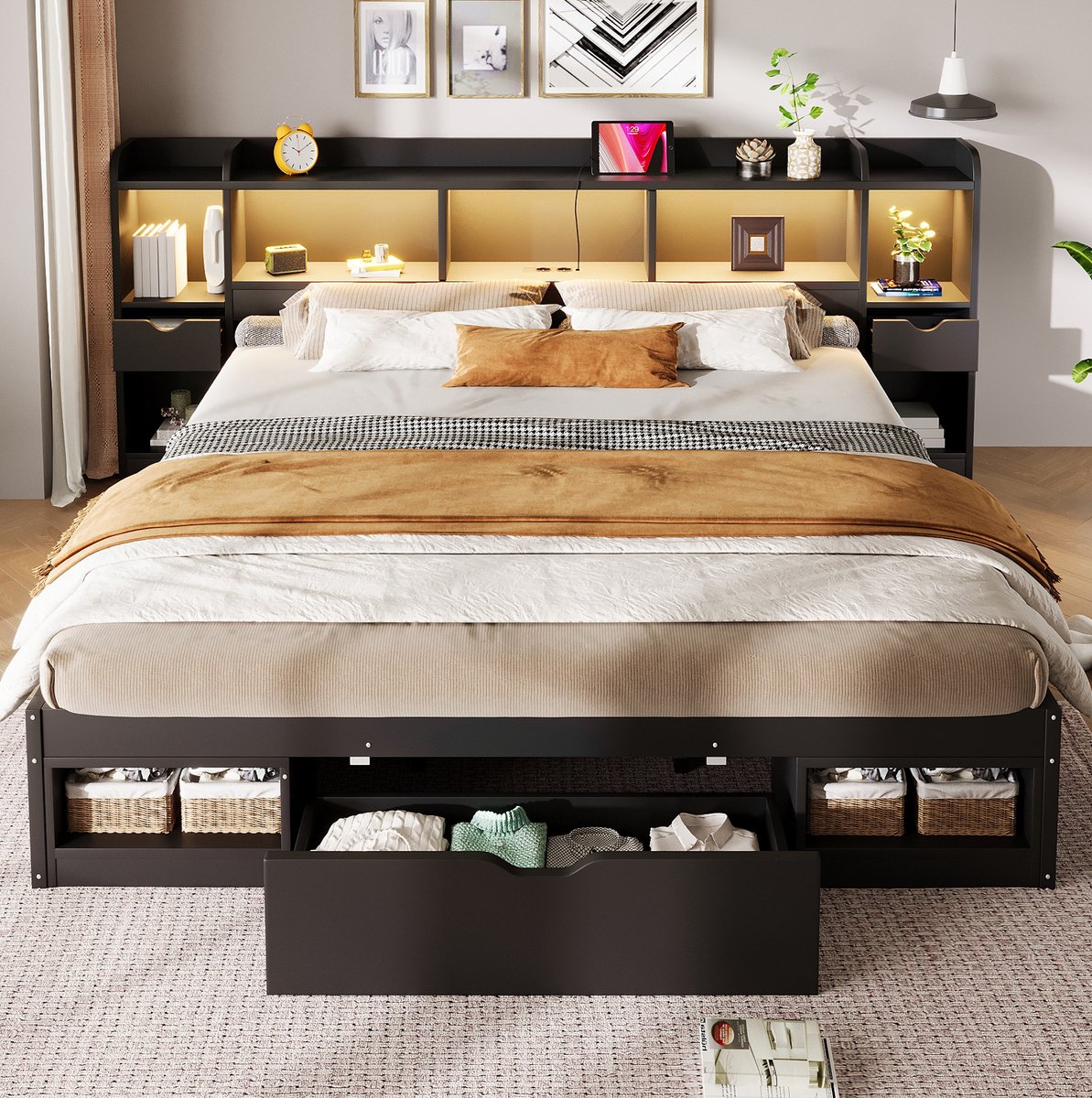 REDOM Bedframe met opbergruimte - 180 x 200 cm - Hoofdeinde en voeteneinde met opbergvakken - 3 lades - LED-verlichting en USB-aansluiting - Lattenbodem - MDF - Zwart