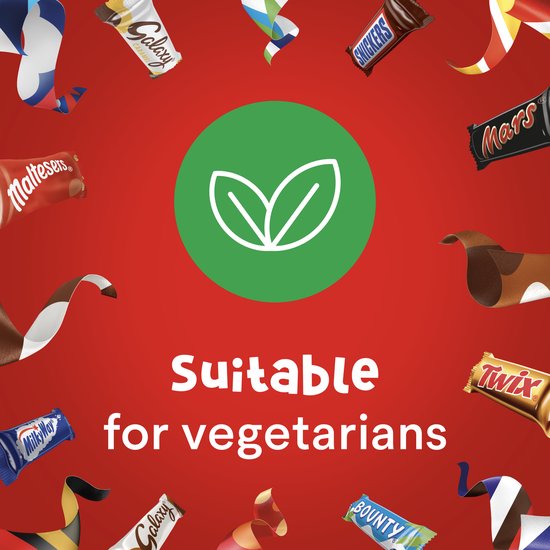 Celebrations-chocolade omringd door linten op rode achtergrond met het groene vegetarisch-symbool en tekst.