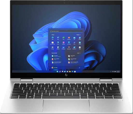 Zilveren HP EliteBook x360 830 G10 laptop met Windows 11 en een 13,3 inch touchscreen.