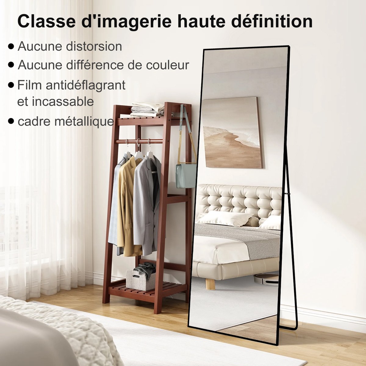 Staande Spiegel 177 x 77 cm, Wandspiegel, Rechthoekige Passpiegel met Aluminium Frame, voor Badkamer, Slaapkamer en Hal, Zwart