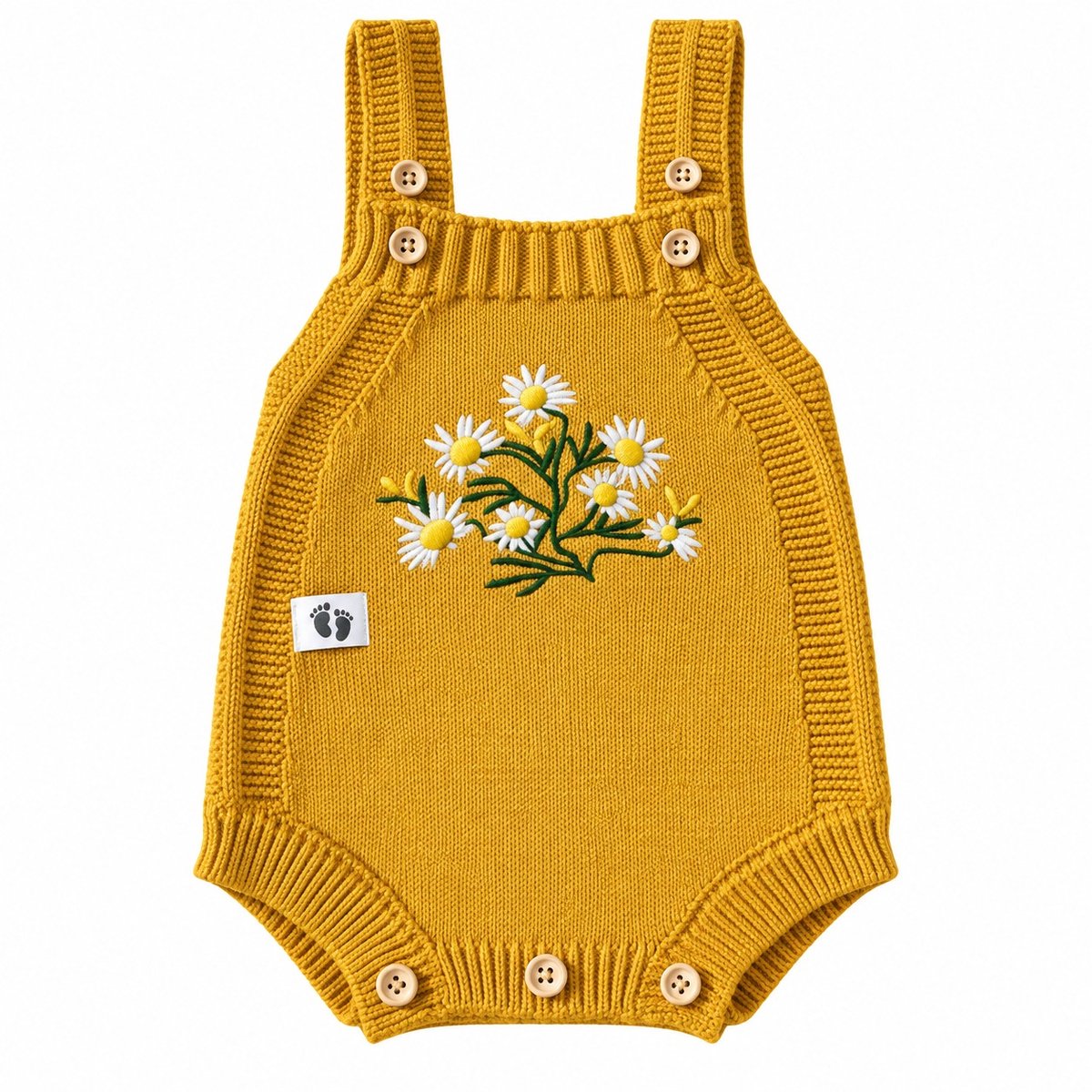 Nuvinokids Daisy Mosterd - Baby Romper - 100% Katoen - Maat 80 - Peuter - Kind - Newborn - Rompertje - Boxpakje - Babypakje - Kruippakje - Babykleding - Gebreide Romper - Lange Mouw - Drukknopen - Zacht en Ademend - Jongen - Meisje - Unisex