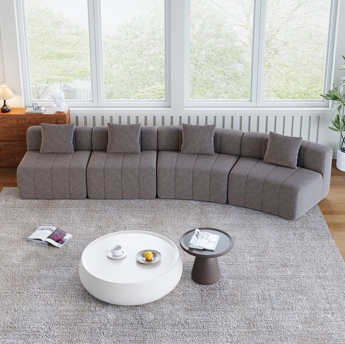 REDOM - Modulaire gebogen zitbank - 4-zits - Halfronde opstelling - Zitting in pianotoetsstijl - Chenille bekleding - Grijs - 388 x 83,8 x 73,6 cm