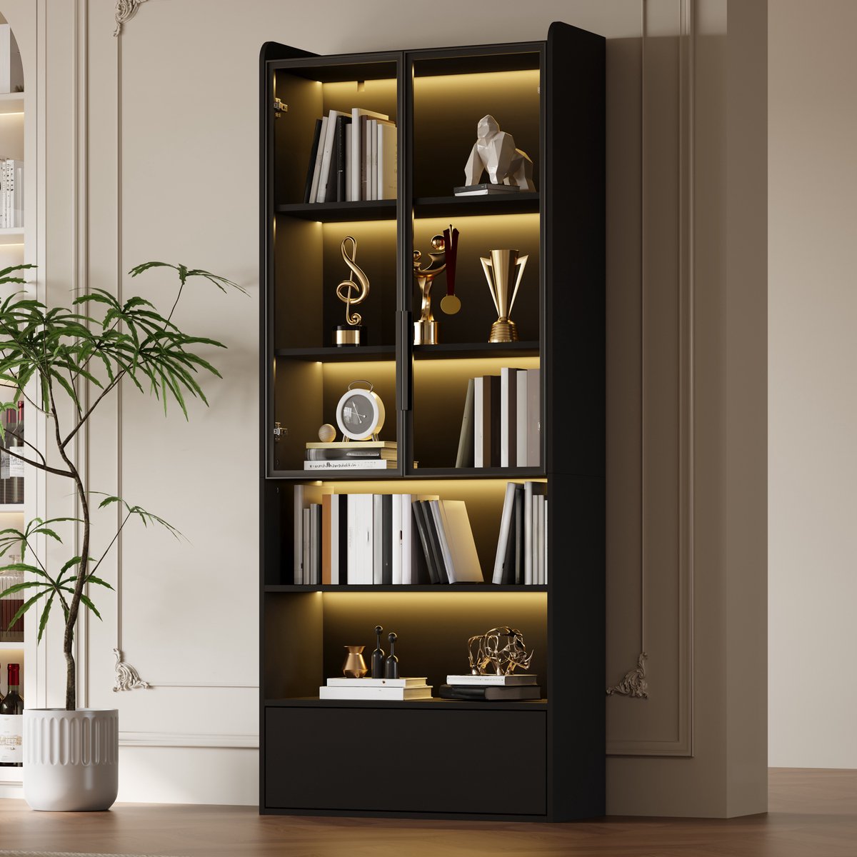 DESMIU Vitrinekast Met Glasdeuren En Ledverlichting Voor Woonkamer En Decoratie MDF 80x34x180 Cm Zwart