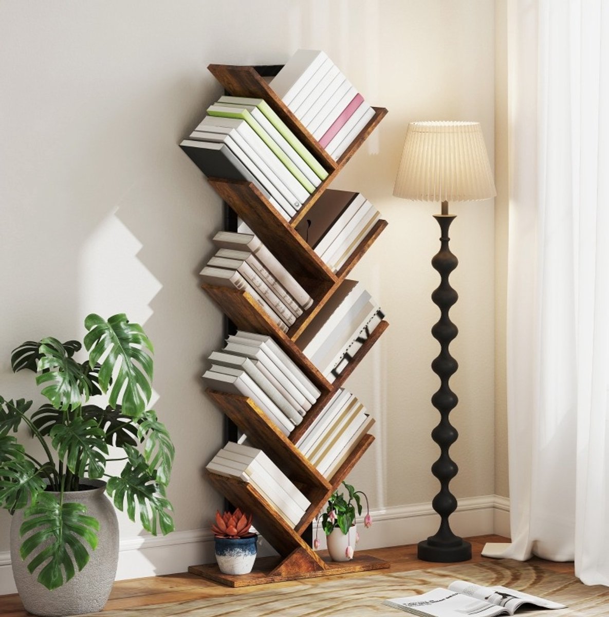 Boekenkast – Boomvorm – 50 x 24 x 136 cm – Hout en Staal – Rustiek Bruin – 9 Planken – Open Kast