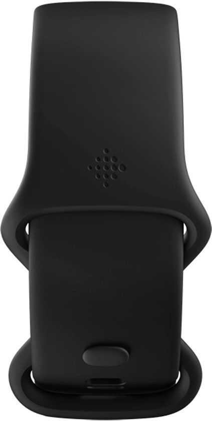 Zwarte Fitbit Charge 6 band, met Fitbit logo aan de achterkant.