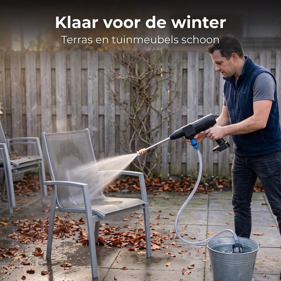 Cheqo® Hogedrukreiniger op Accu - Draadloze Hogedrukreiniger - Snoerloze Hogedrukspuit - Draagbare Drukspuit met Verstelbaar Mondstuk - Terrasreiniger en Autoreiniger voor Auto Wassen en Tuin - met Aanzuigslang - Accu en Lader - Opbergkoffer — afbeelding 4