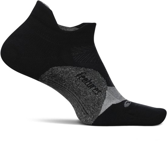 Chaussette de course Feetures noire, modèle invisible avec des accents gris au talon.