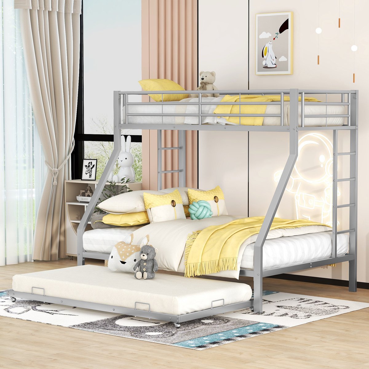 STILVORA Metalen Stapelbed 90x200cm en 140x200cm – Uitschuifbaar Bed – Twee Ladders – Valbeveiliging – Voor Kinderen – Zilver – Zonder Matras