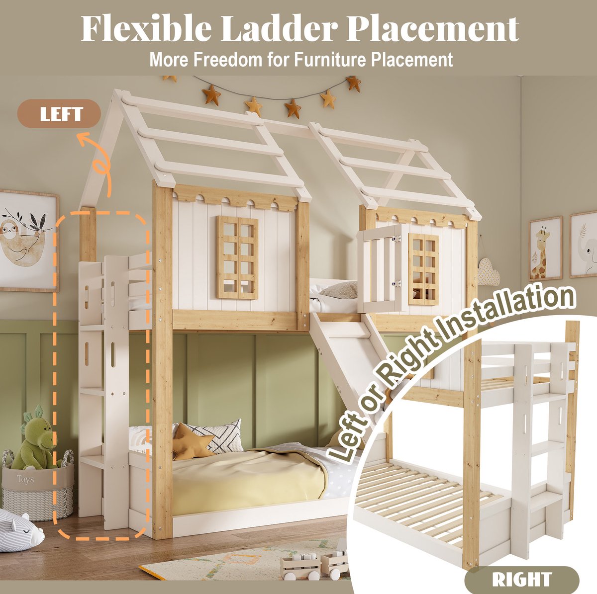 MIVRAY Kinderstapelbed 90x200 cm - Huisbed Met Glijbaan En Flexibele Ladder - Zonder Matras - Hout En MDF - Wit Naturel