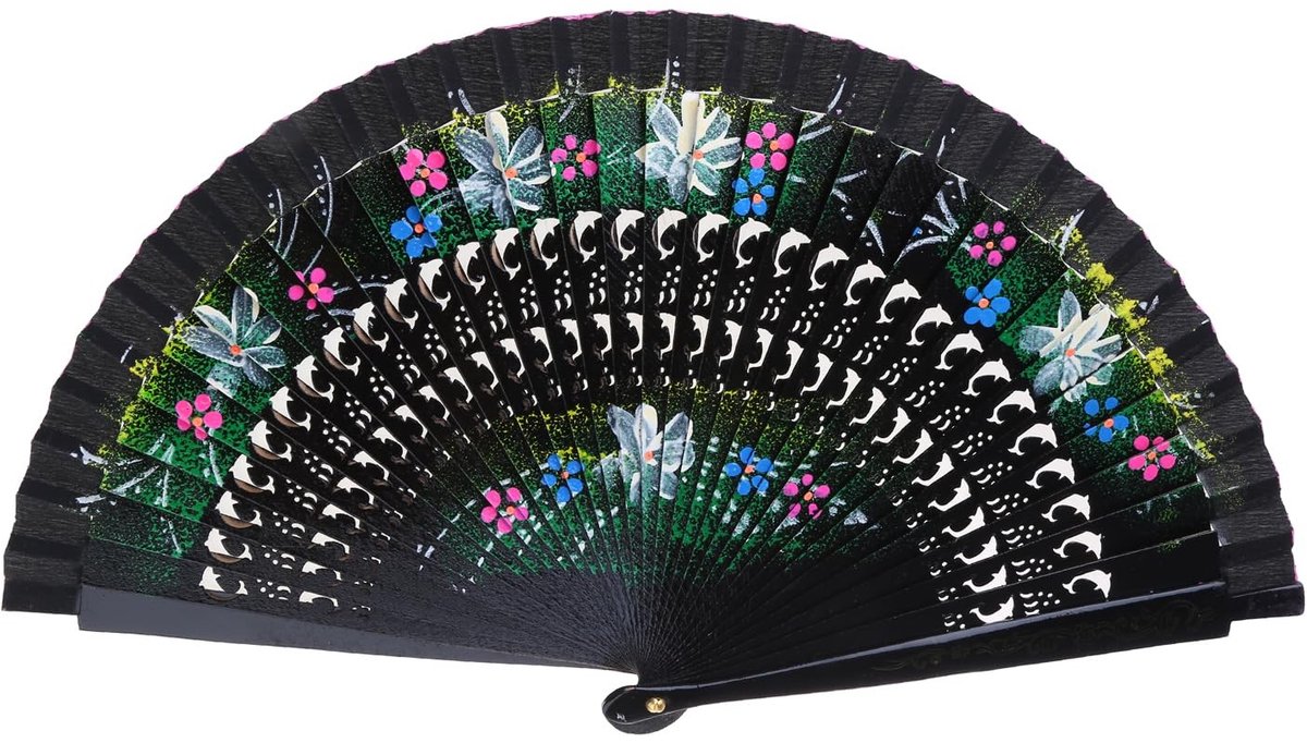 Elzusha - Vouwbare Handfan voor Vrouwen - Dubbelzijdige Bloemenschildering - Zwart
