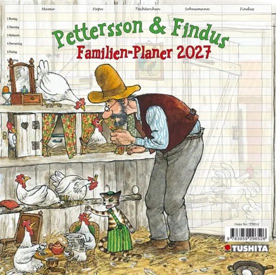 Pettersson & Findus Familie-Planner 2027 kalender met illustratie van Pettersson die kippen voert, met katten en kippen in en om een stal.