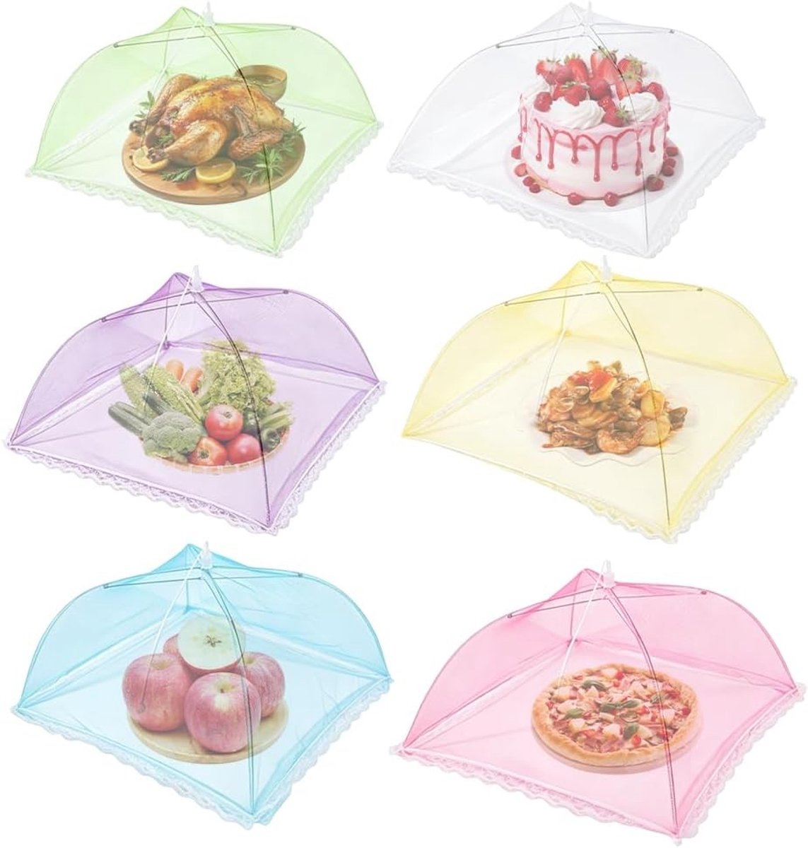 Vouwbare voedselbedekking set van 6, 32 x 32 cm, ideaal voor barbecue, picknick en fruitbescherming, verkrijgbaar in 6 kleuren